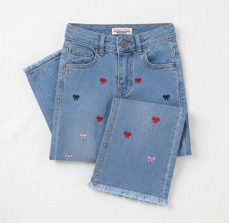 Reekaz Girls Light Blue Embroidered Wide Leg Denim Jeans | Soft Stretch Kids Pants | Ages 1–12 Years