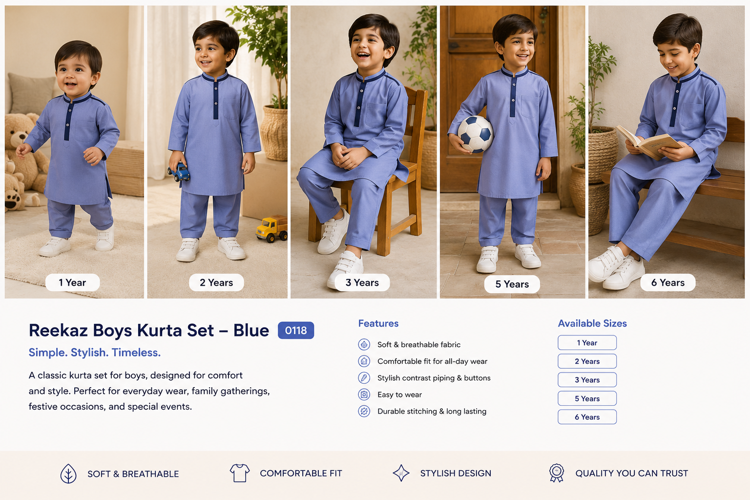 Reekaz Boys Blue Kurta | Premium Cotton Blend Traditional Kurta for Kids | 1-6 Years