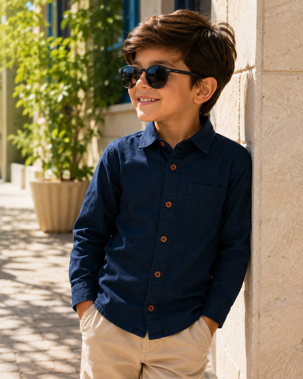 Reekaz Boys Navy Full Sleeve Button-Up Shirt | Smart Casual Cotton Shirt with Chest Pocket
