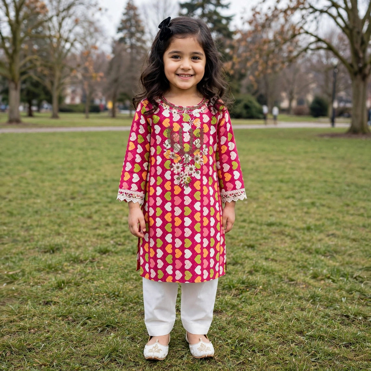 Reekaz Girls Pink Heart Printed Embroidered Kurta - Midseason Kurta