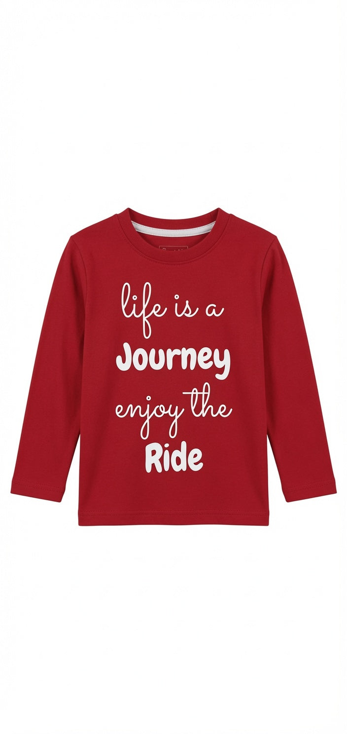 Reekaz Boys Red Full Sleeve T-Shirt – "Life is a Journey Enjoy the Ride" Graphic Cotton Tee
