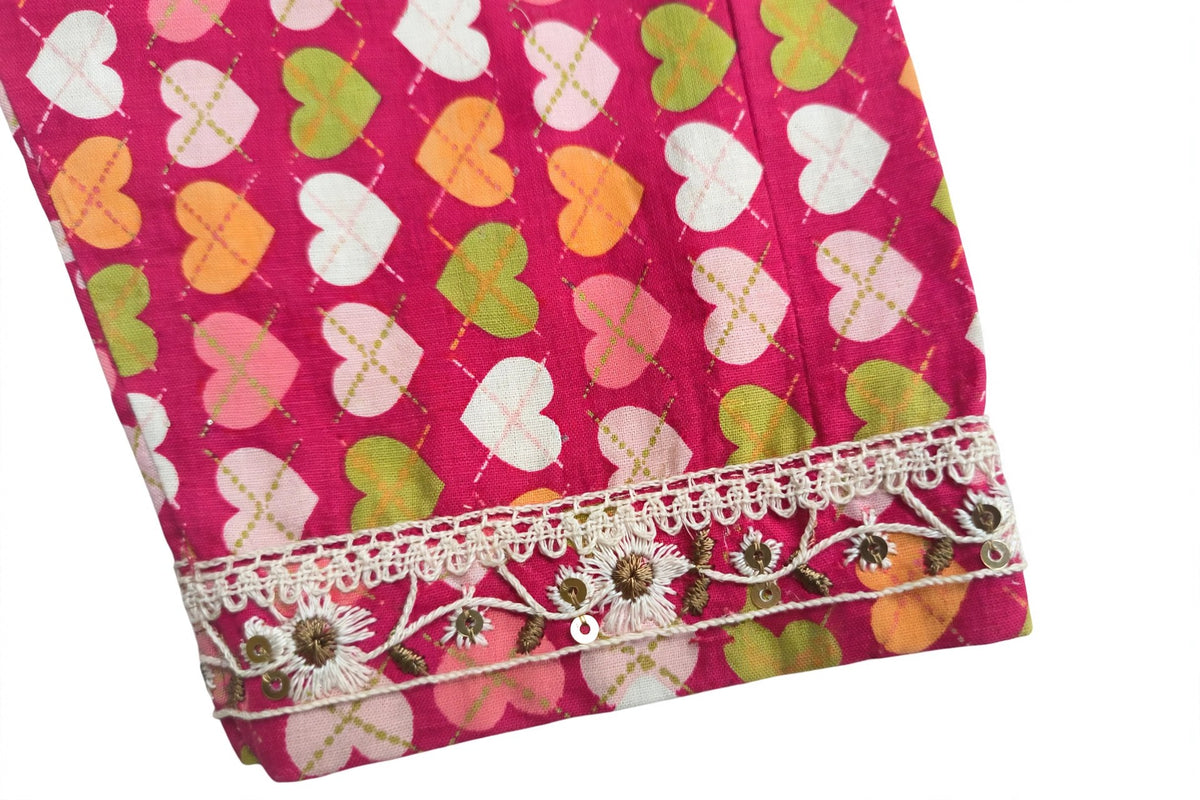 Reekaz Girls Pink Heart Printed Embroidered Kurta - Midseason Kurta