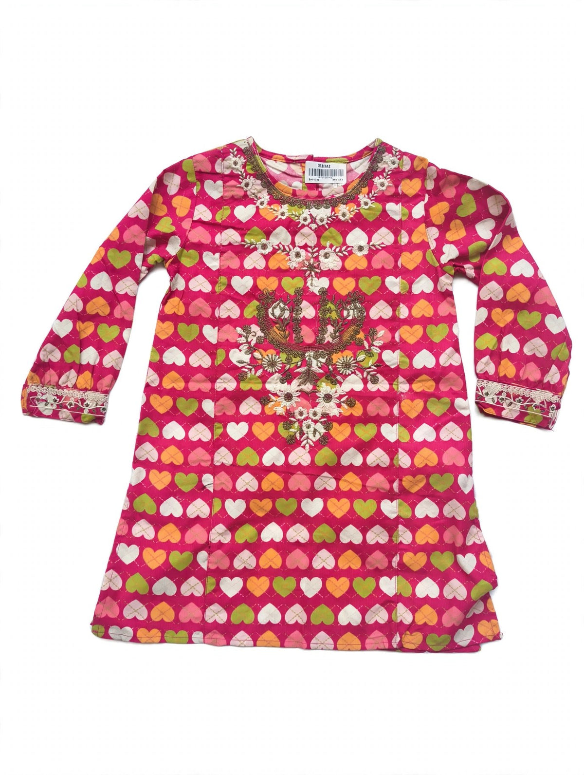 Reekaz Girls Pink Heart Printed Embroidered Kurta - Midseason Kurta
