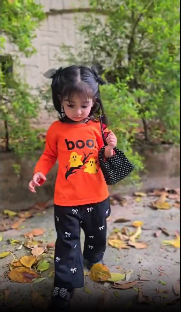 Reekaz Girls Peekaboo Boo! Printed Long Sleeve T-Shirt | Soft Cotton Kids Tee | Orange