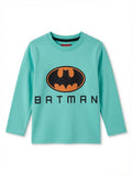 Reekaz Boys Light Green Full Sleeve Cotton T-Shirt with Bat-Inspired Graphic