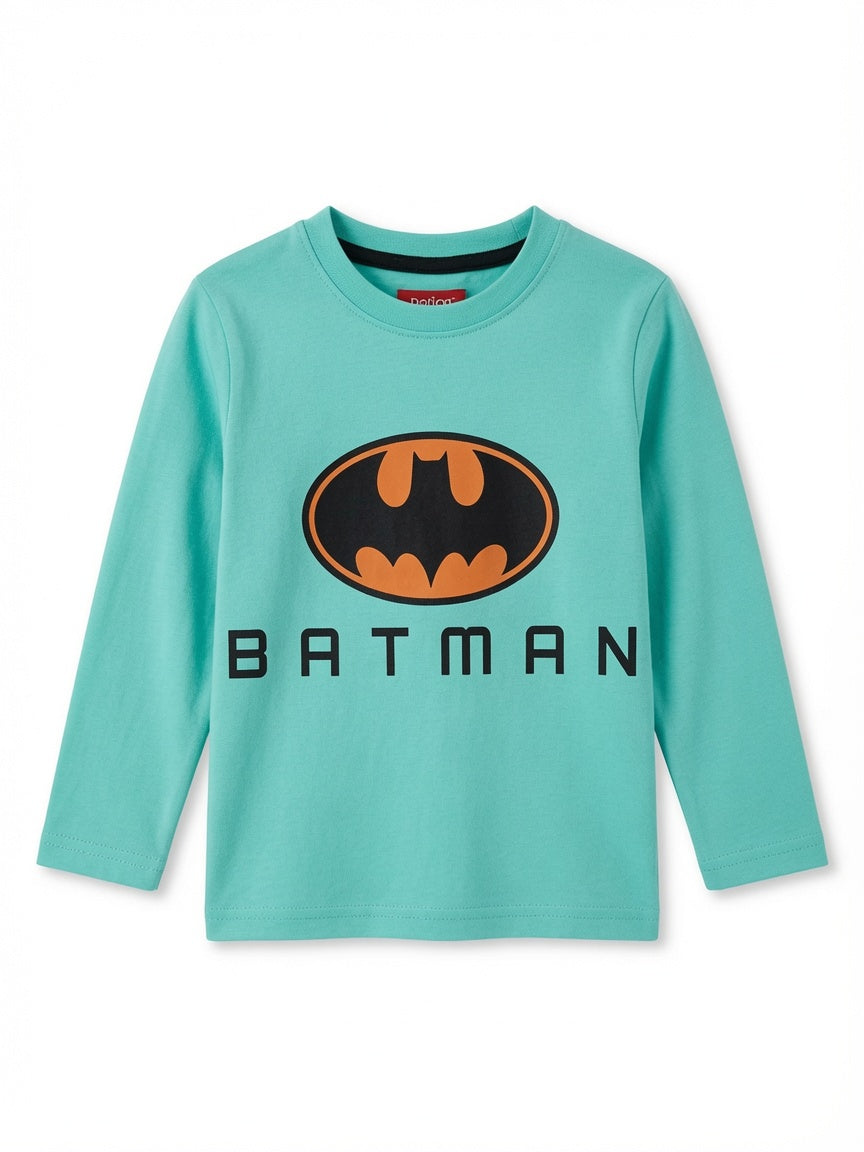 Reekaz Boys Light Green Full Sleeve Cotton T-Shirt with Bat-Inspired Graphic